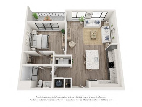 Floor plan for 1 bed, 1 bath, 979 sqft